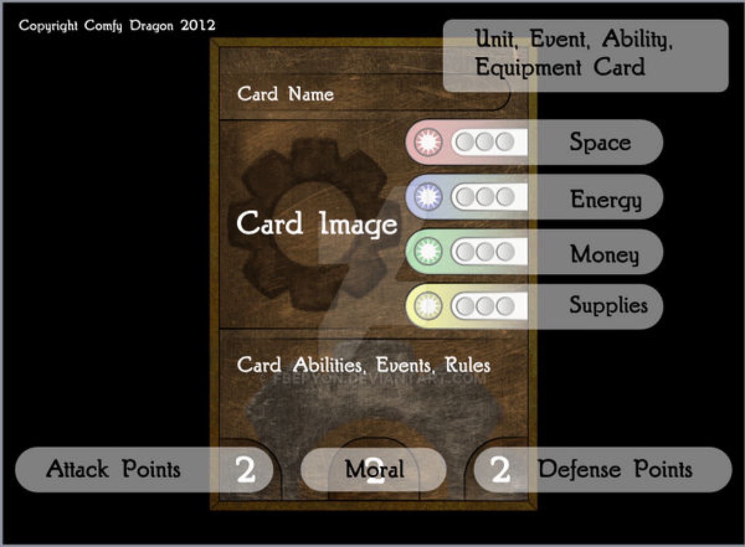 Original 2012 card layout prototype showing Space, Energy, Money, Supplies, Attack Points, Moral, and Defense Points