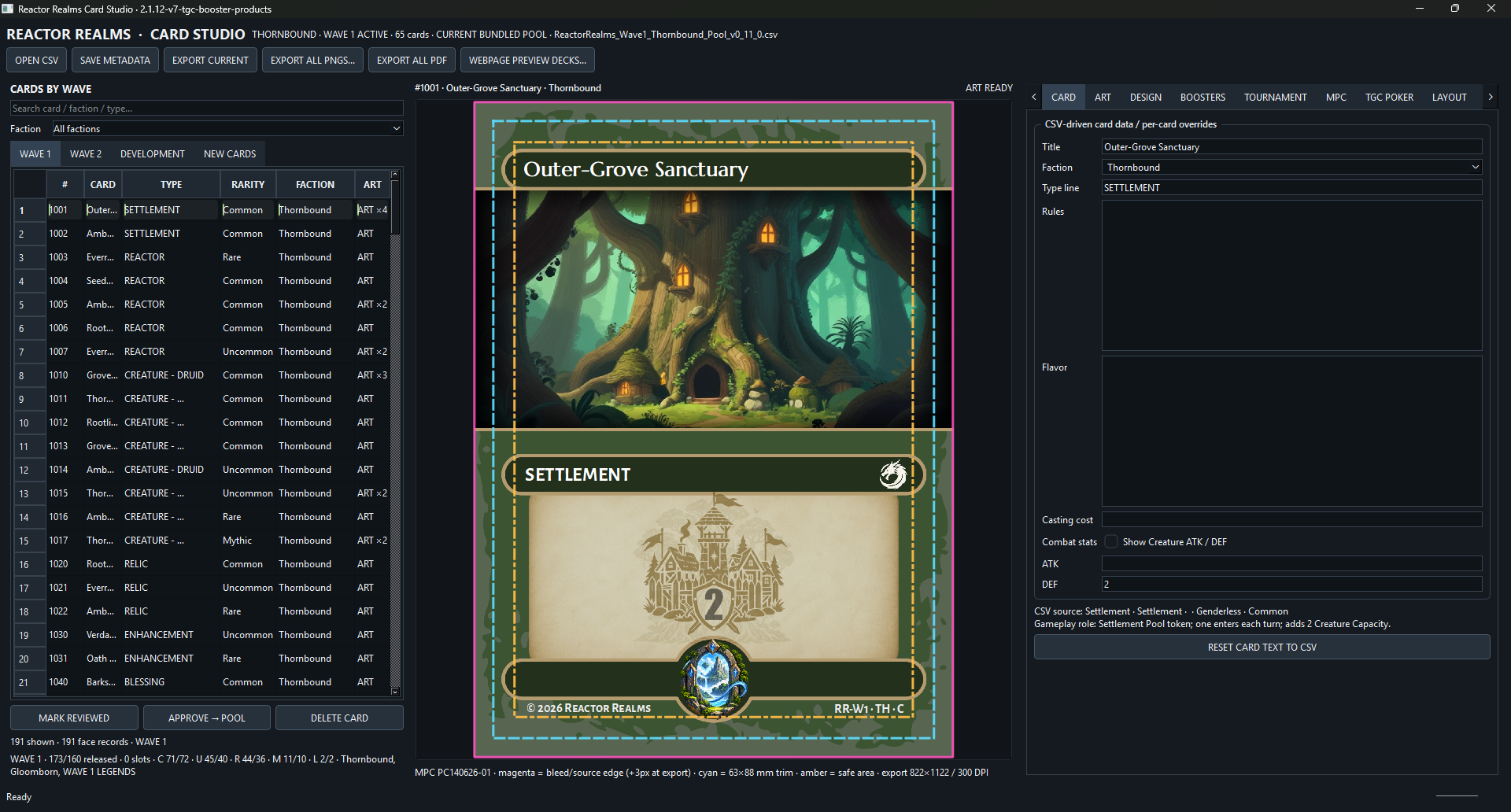 Reactor Realms Card Studio showing CSV-driven card data, the current card layout, art, design, booster, tournament, MPC, TGC Poker, and layout production tabs
