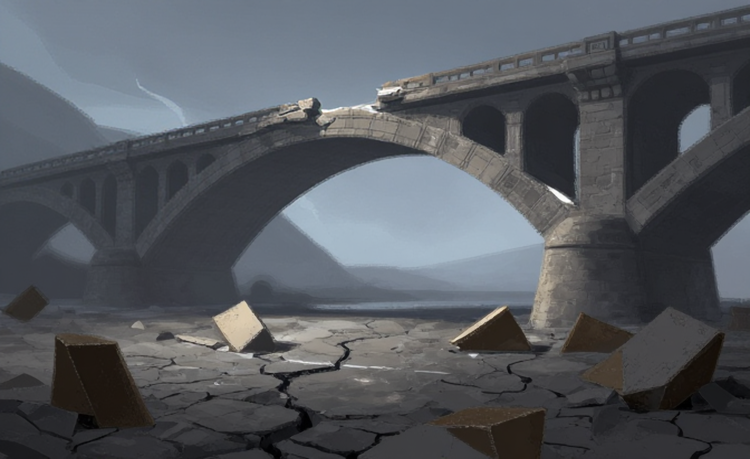A bridge shattered during the Collapse