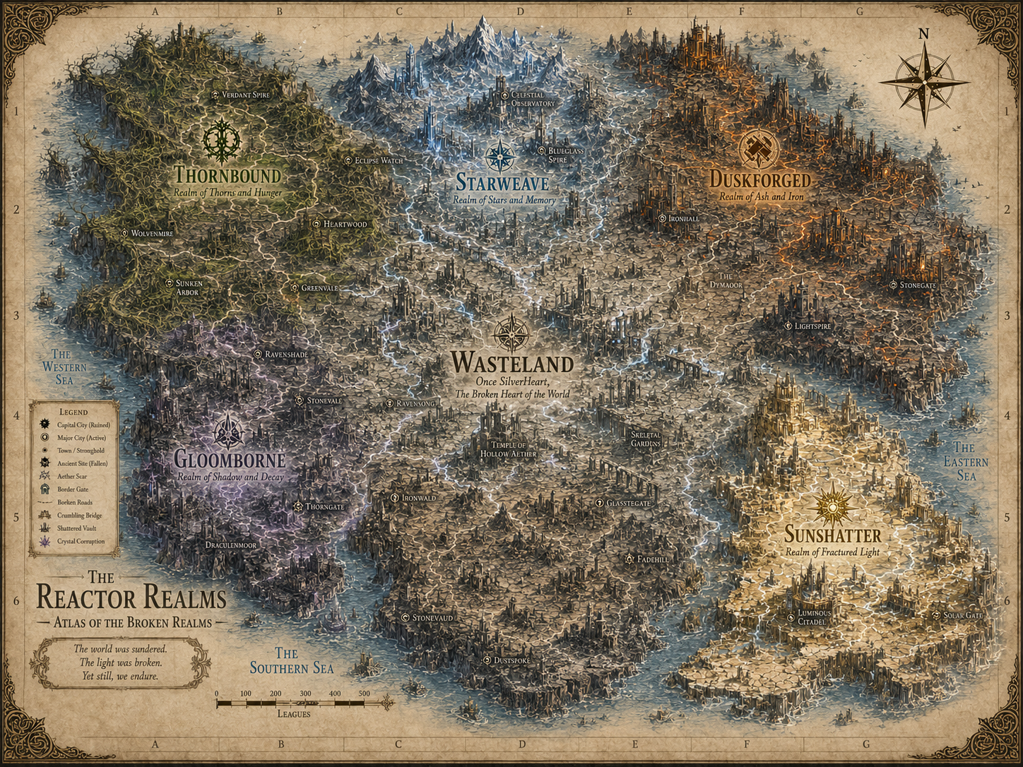 The Reactor Realms Atlas of the Broken Realms showing Thornbound, Starweave, Duskforged, Gloomborn, Sunshatter, and the central Wasteland