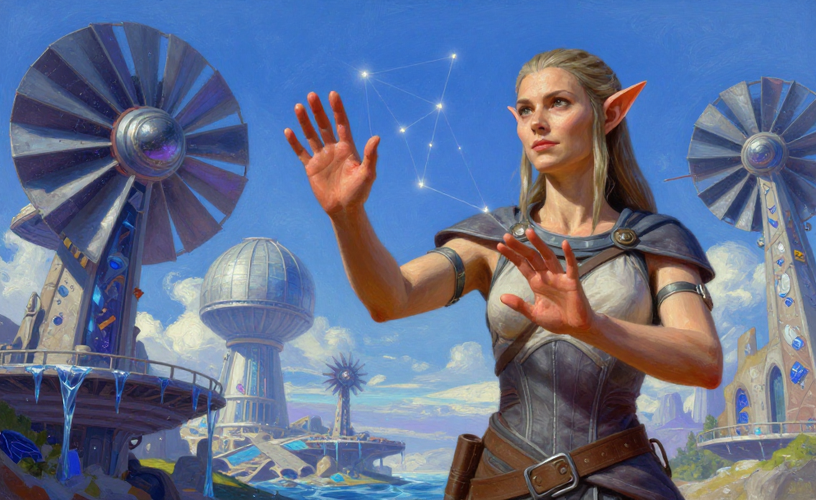 Fateweave Spinner reading patterns beneath restored sky machinery