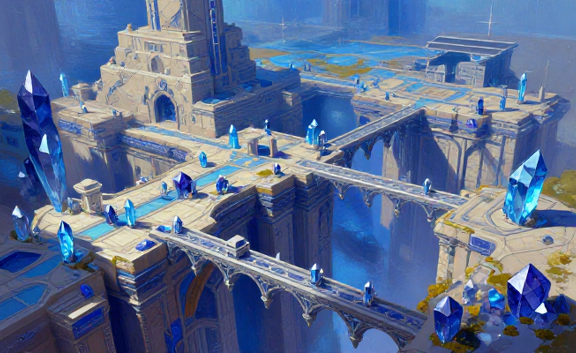 Starlattice Reach, a network of elevated ruins and crystal-lined bridges